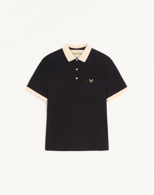 Valentino - Valentino Polo Shirt In Cotton Piquet With Vgold - Black/butter - Man - T-shirts And Sweatshirts